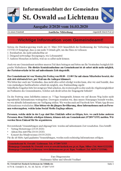 Infoblatt der Gemeinden St. Oswald und Lichtenau vom 16. März 2020
